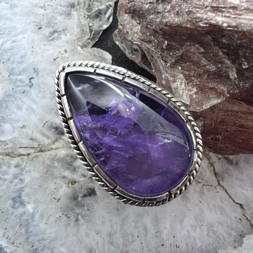 Sterling Southwestern Style Teardrop Amethyst Decorated Ring Size 7 For Women